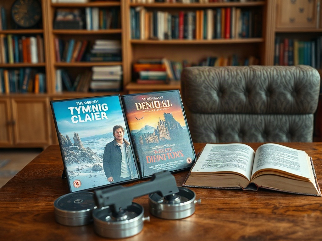 На столе стоят два DVD-диска и открытая книга на фоне bookshelf. Атмосфера уюта и творчества.