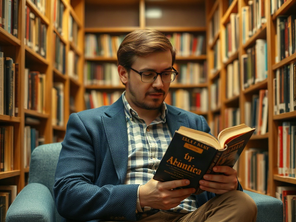 Молодой человек в очках читает книгу в библиотеке, окружённой полками с книгами.