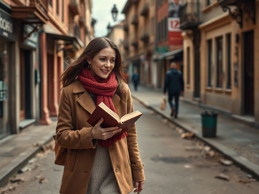 На улице идет девушка с книгой, в теплой одежде и шарфе, на фоне старинных зданий.
