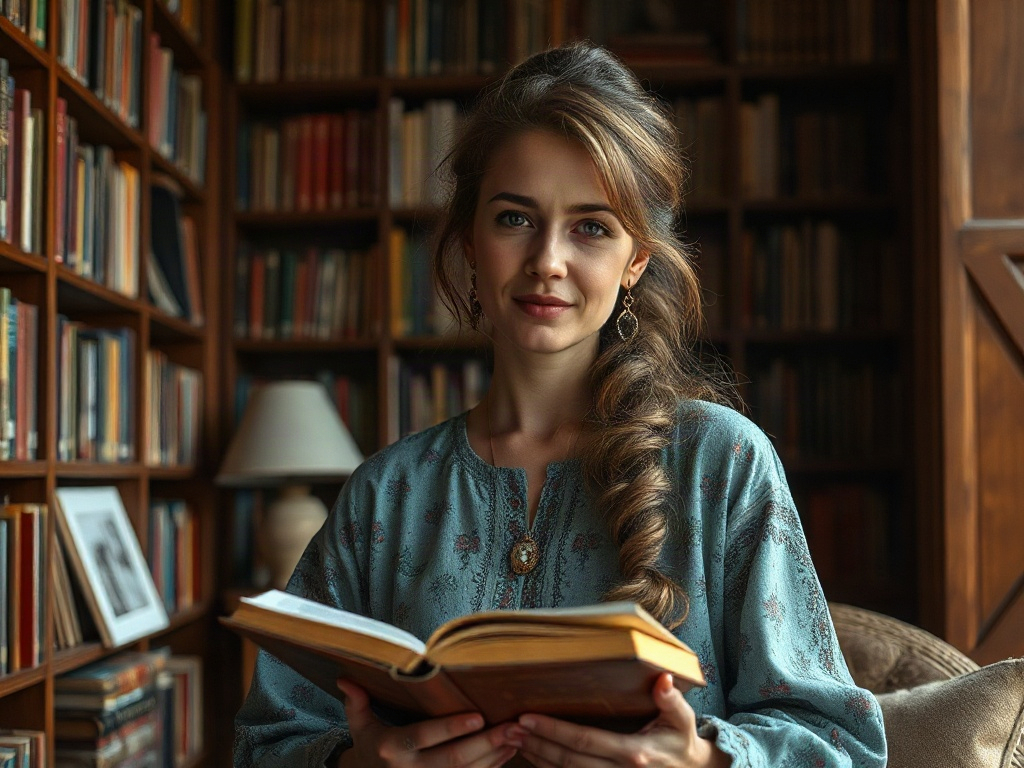 Молодая женщина с книгой в руках сидит в библиотеке, окружённой полками с книгами.