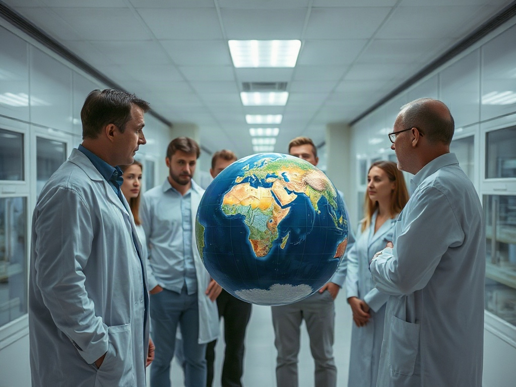Группа людей вLab coat обсуждает земной шар в современном офисе или лаборатории.